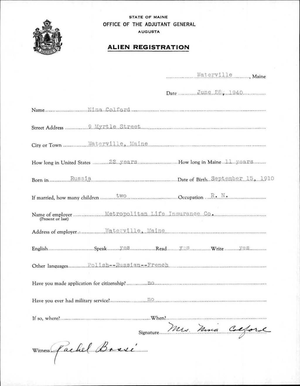 Miniature of Alien Registration- Colford, Nina (Waterville, Kennebec County)