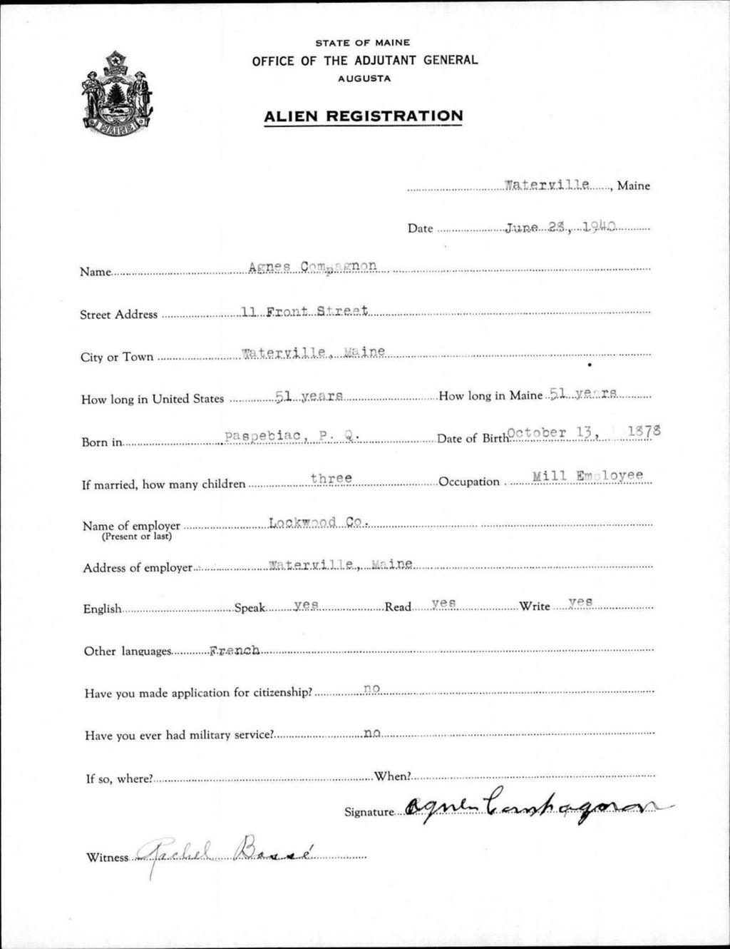 Miniature of Alien Registration- Compagnon, Agnes (Waterville, Kennebec County)