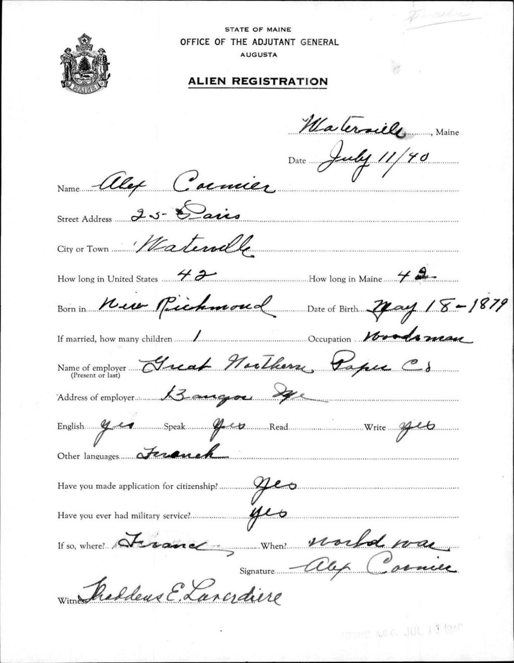 Miniature of Alien Registration- Cormier, Alex (Waterville, Kennebec County)