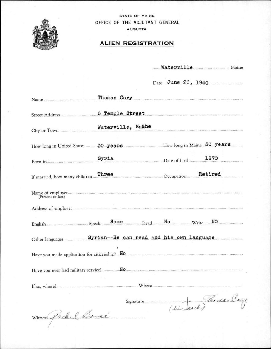 Miniature of Alien Registration- Cory, Thomas (Waterville, Kennebec County)