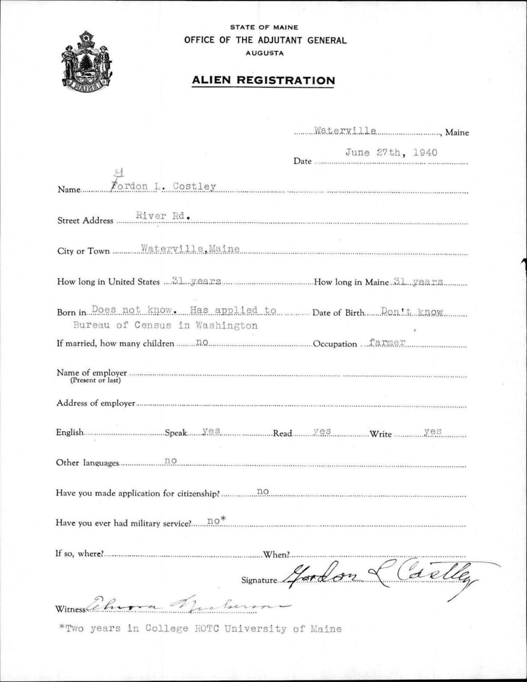 Miniature of Alien Registration- Costley, Gordon L. (Waterville, Kennebec County)