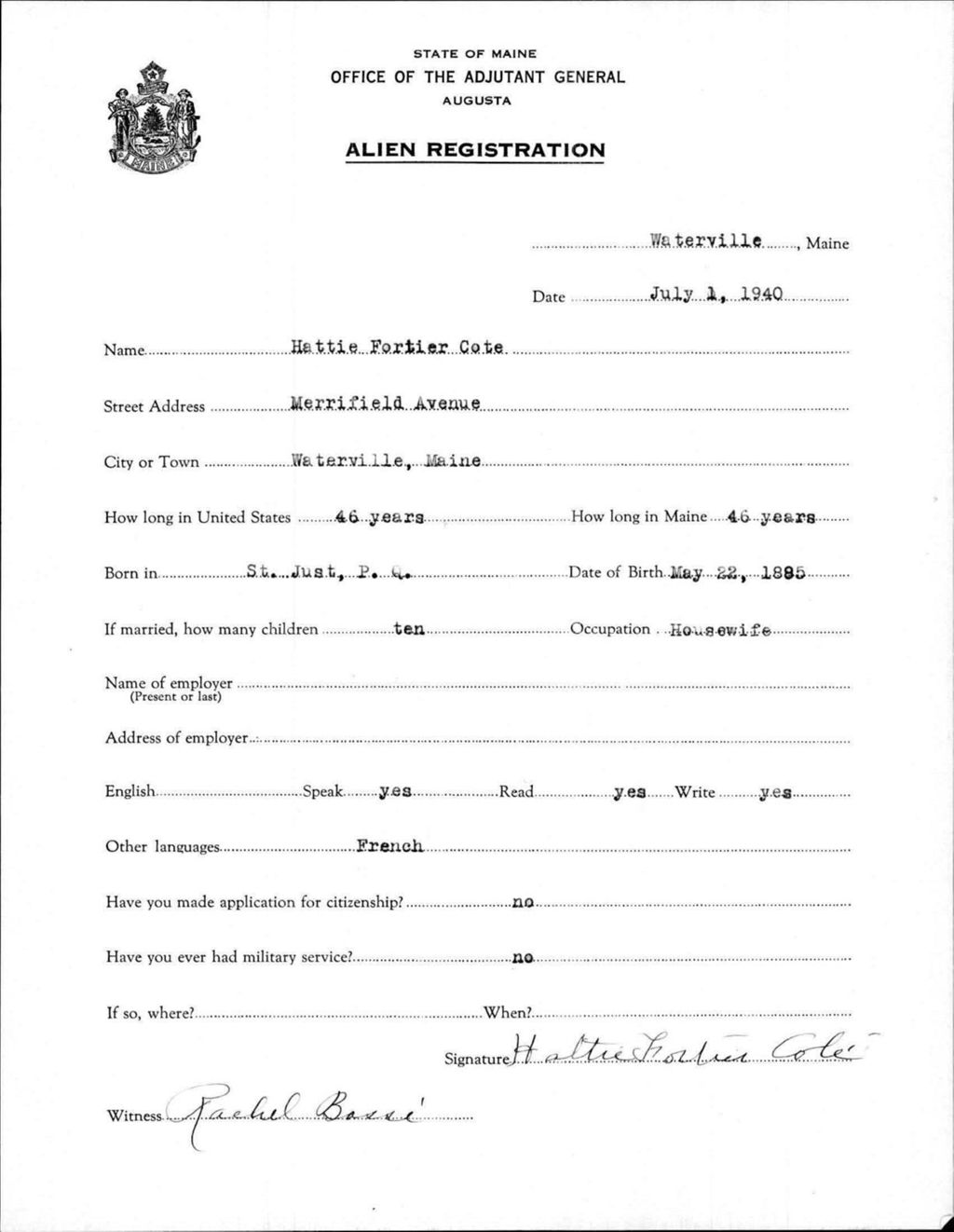 Miniature of Alien Registration- Fortier, Hattie (Waterville, Kennebec County)