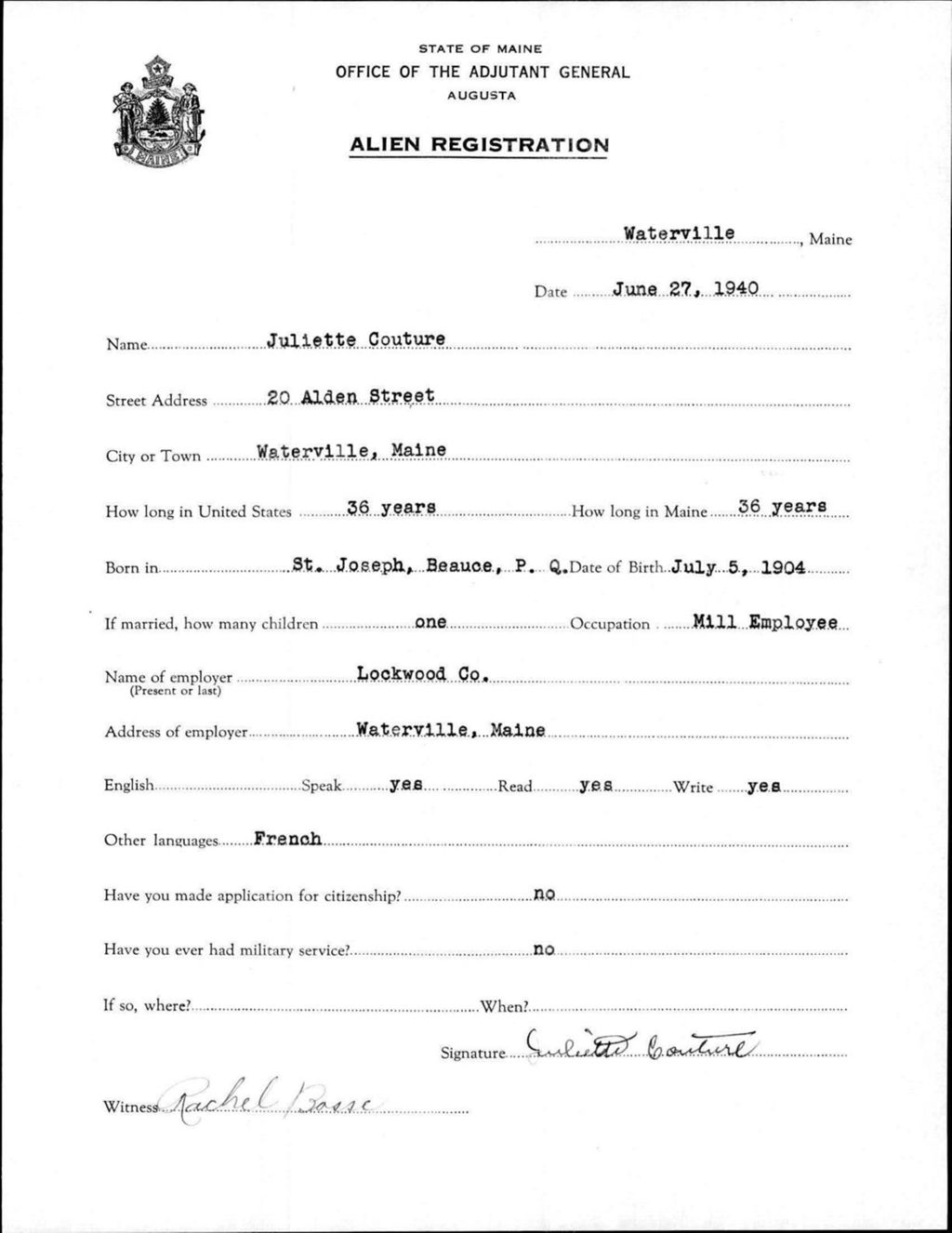 Miniature of Alien Registration- Couture, Juliette (Waterville, Kennebec County)