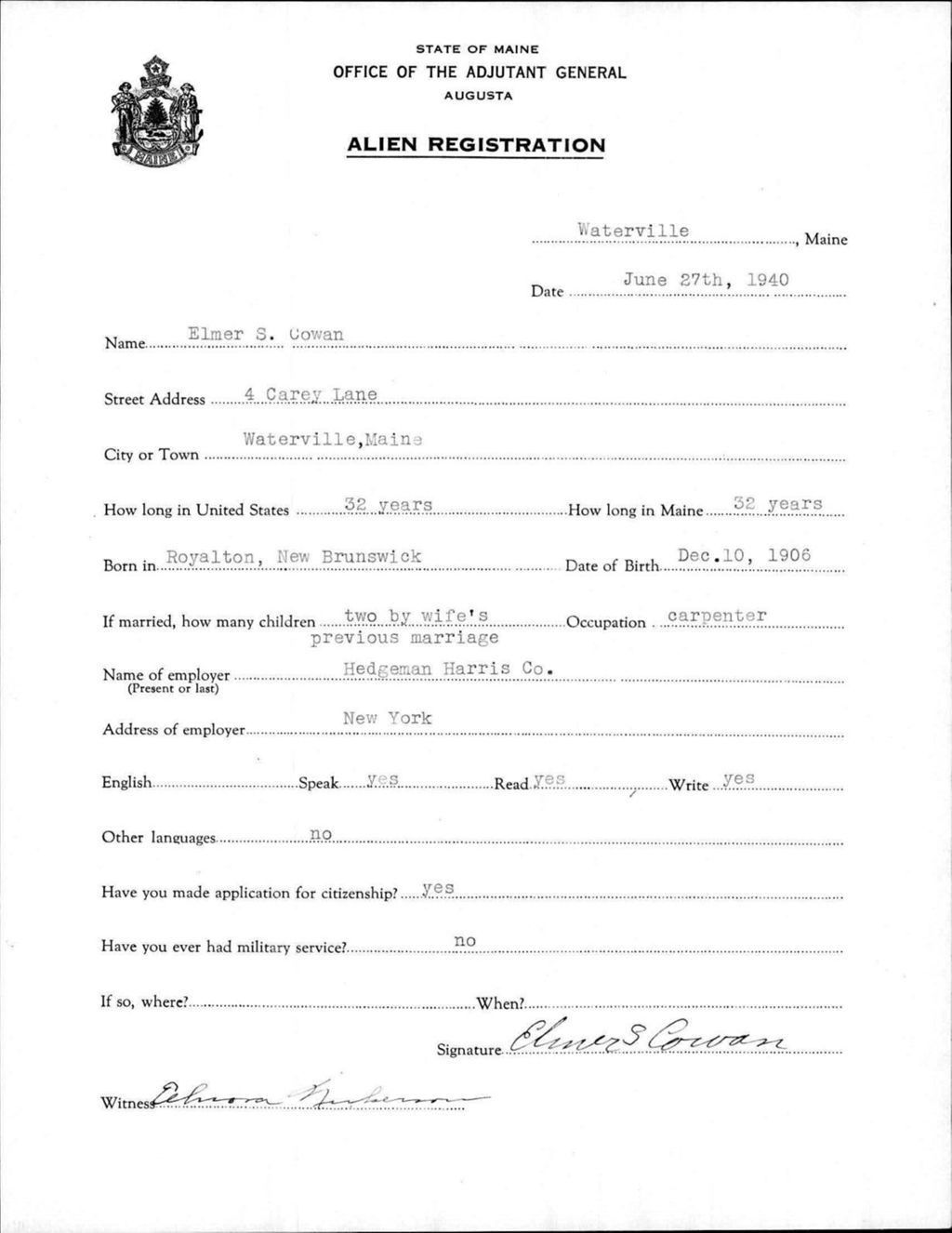 Miniature of Alien Registration- Cowan, Elmer S. (Waterville, Kennebec County)