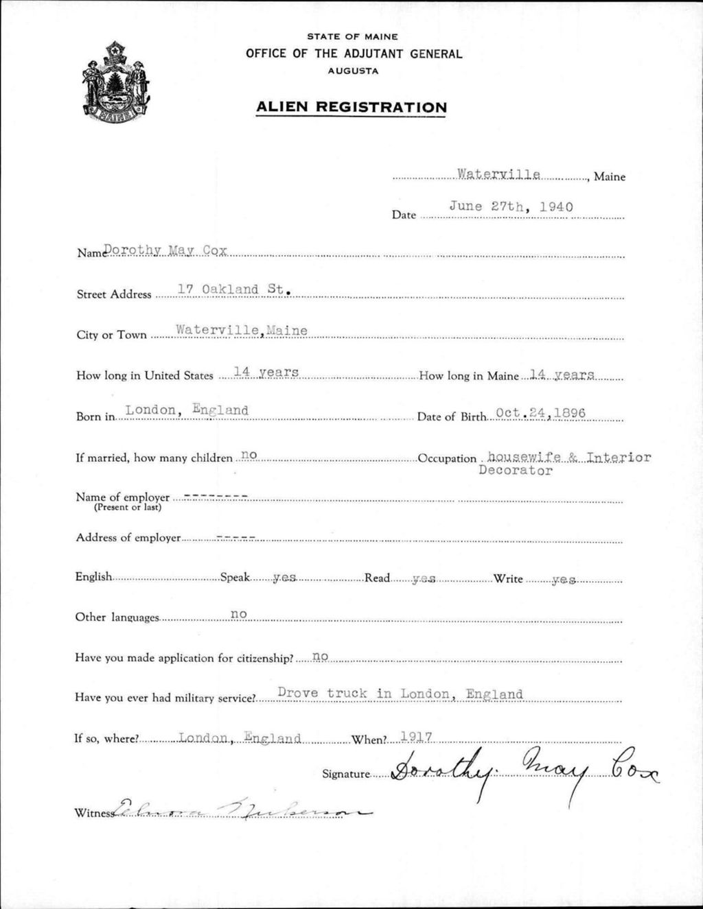 Miniature of Alien Registration- Cox, Dorothy M. (Waterville, Kennebec County)