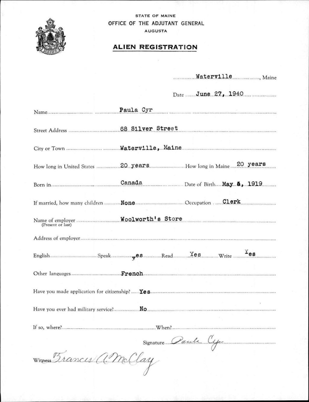 Miniature of Alien Registration- Cyr, Paula (Waterville, Kennebec County)