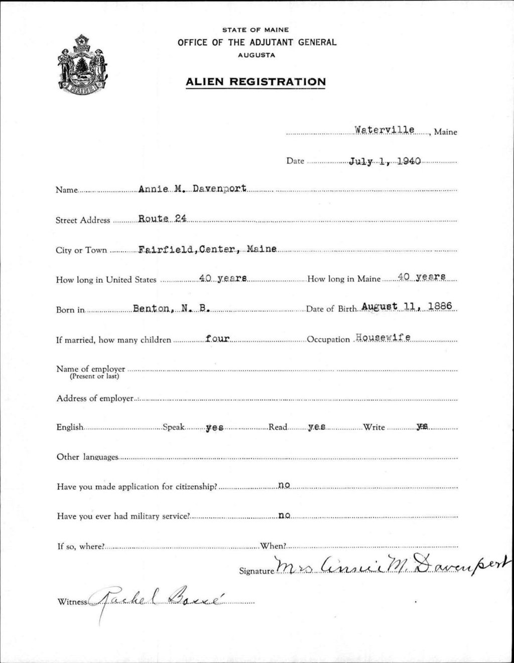 Miniature of Alien Registration- Davenport, Annie M. (Waterville, Kennebec County)