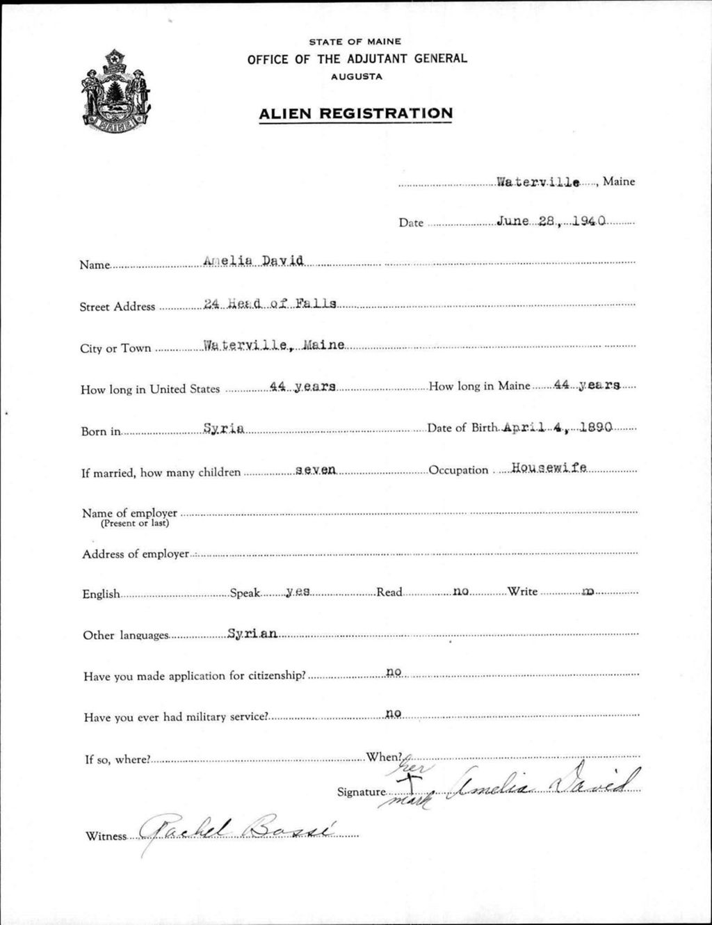 Miniature of Alien Registration- David, Amelia (Waterville, Kennebec County)