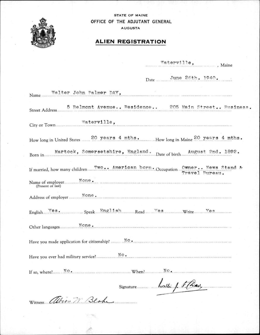 Miniature of Alien Registration- Day, Walter John P. (Waterville, Kennebec County)