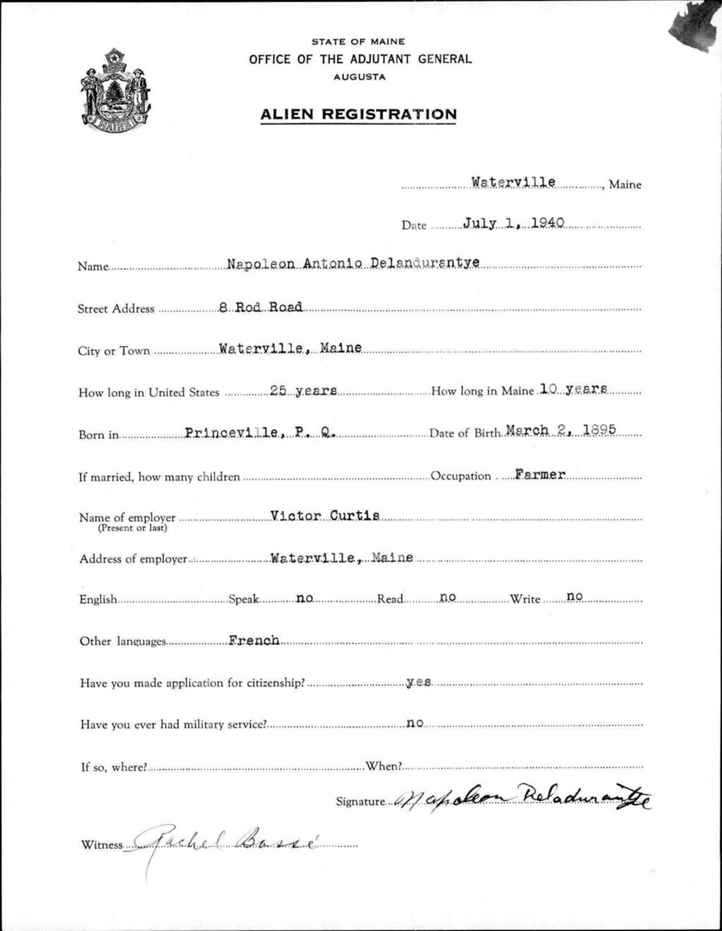 Miniature of Alien Registration- Delandurantye, Napoleon A. (Waterville, Kennebec County)