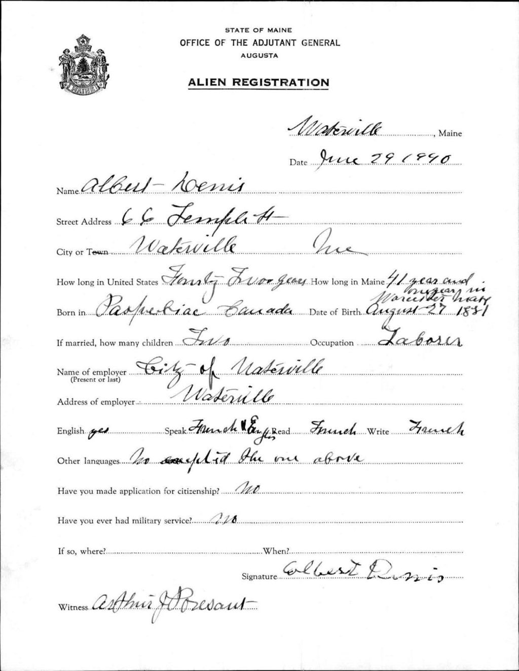 Miniature of Alien Registration- Denis, Albert (Waterville, Kennebec County)