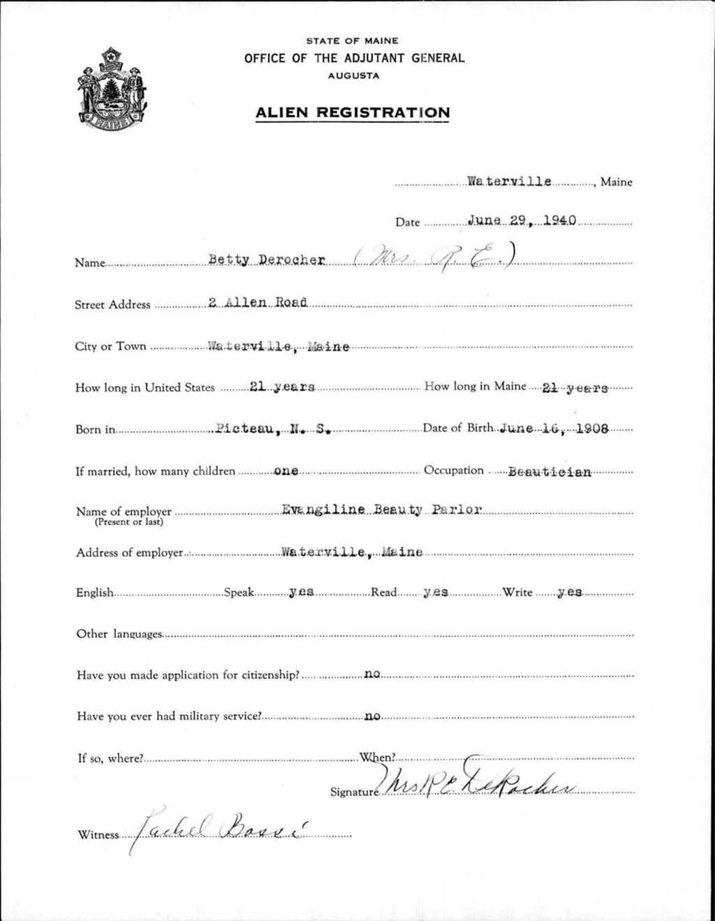Miniature of Alien Registration- Derocher, Betty (Waterville, Kennebec County)