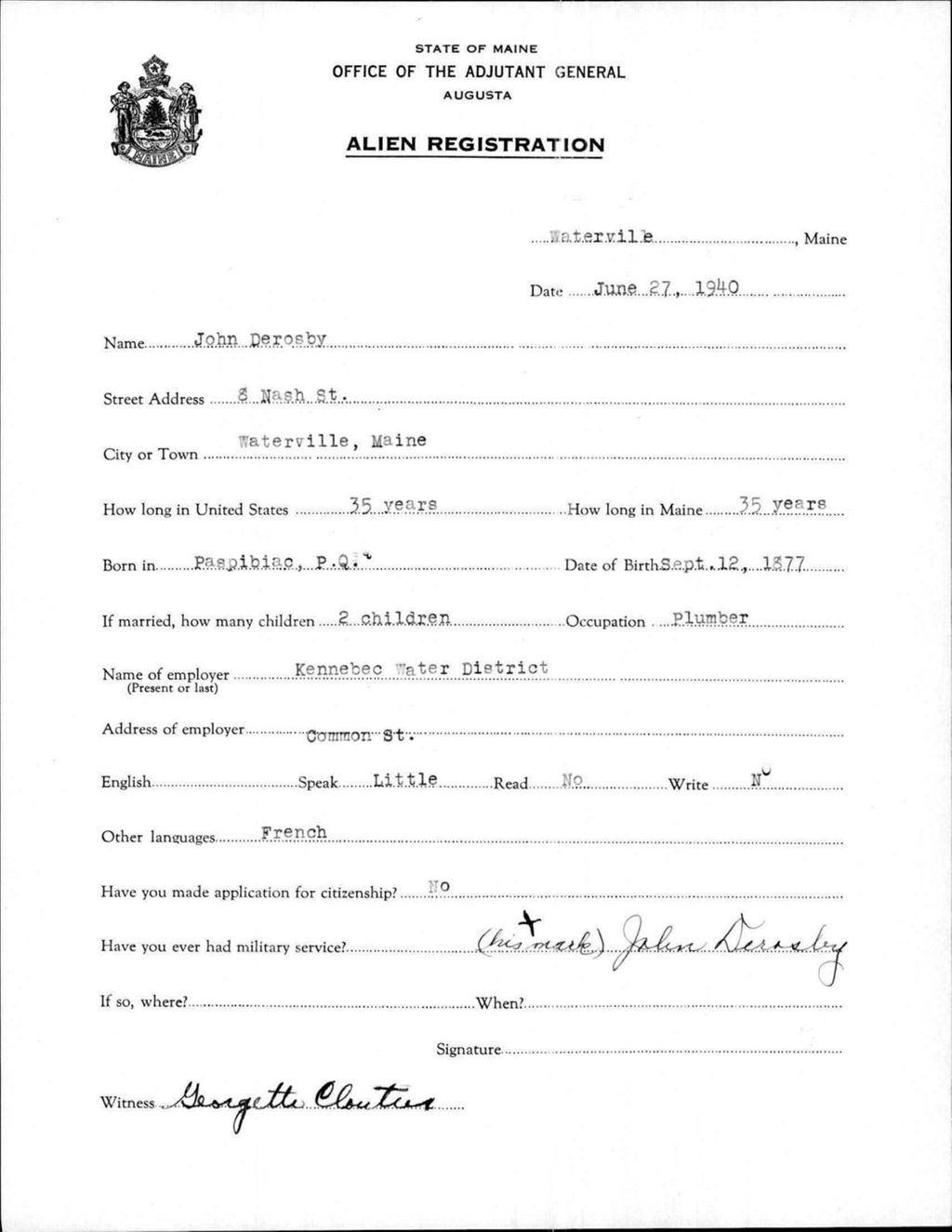 Miniature of Alien Registration- Derosby, John (Waterville, Kennebec County)