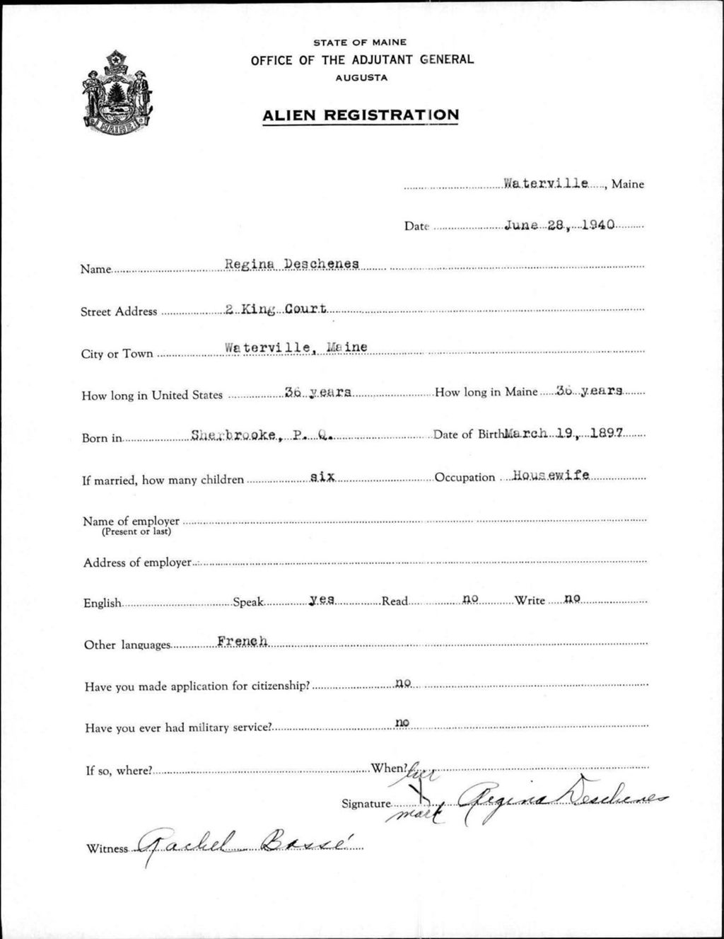 Miniature of Alien Registration- Deschenes, Regina (Waterville, Kennebec County)