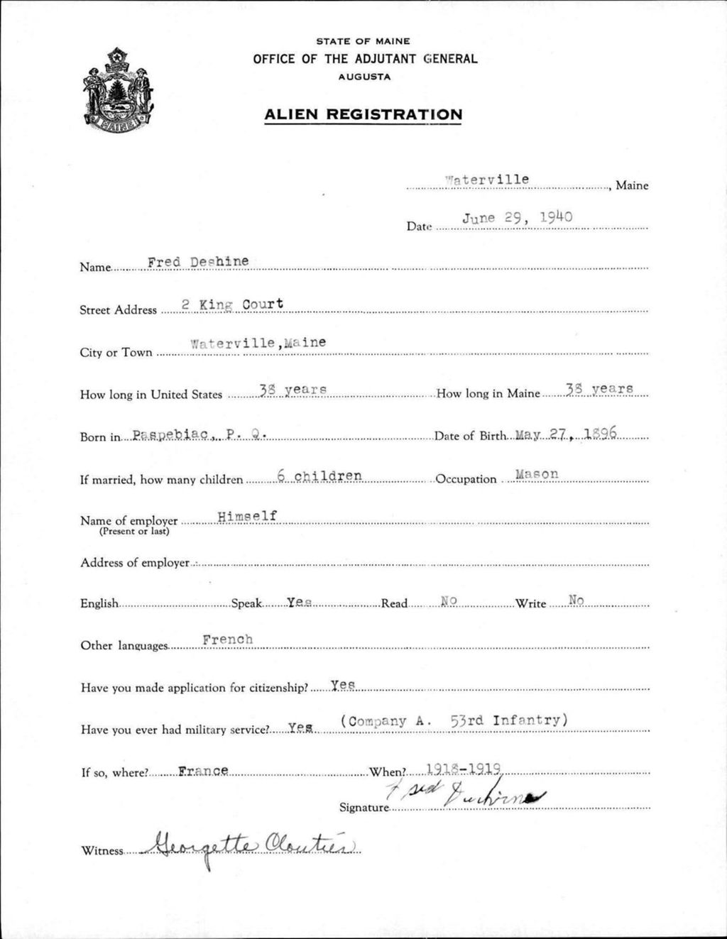 Miniature of Alien Registration- Deshine, Fred (Waterville, Kennebec County)