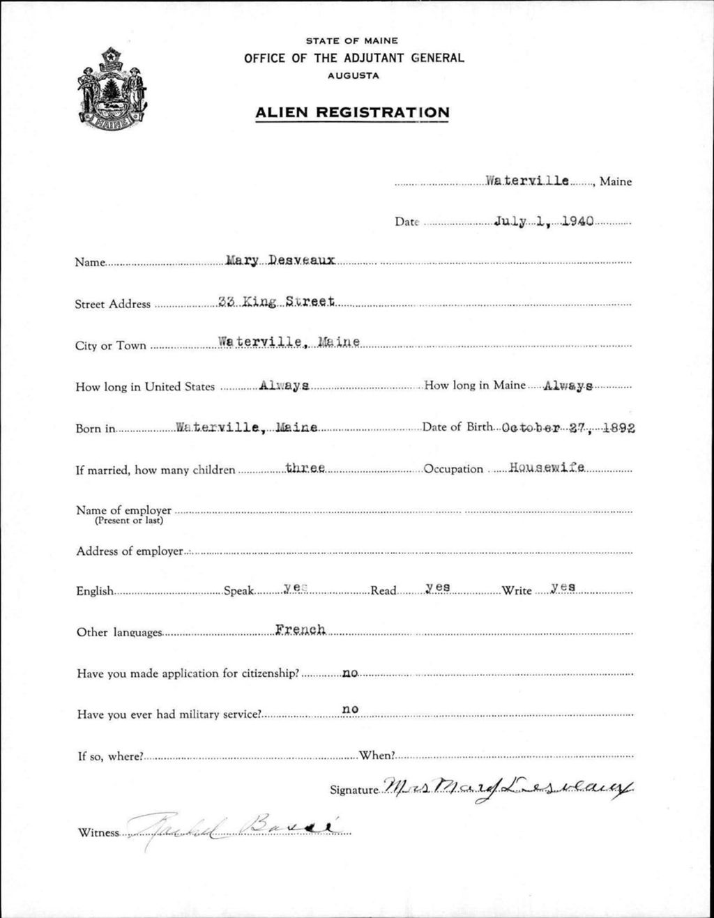 Miniature of Alien Registration- Desveaux, Mary (Waterville, Kennebec County)