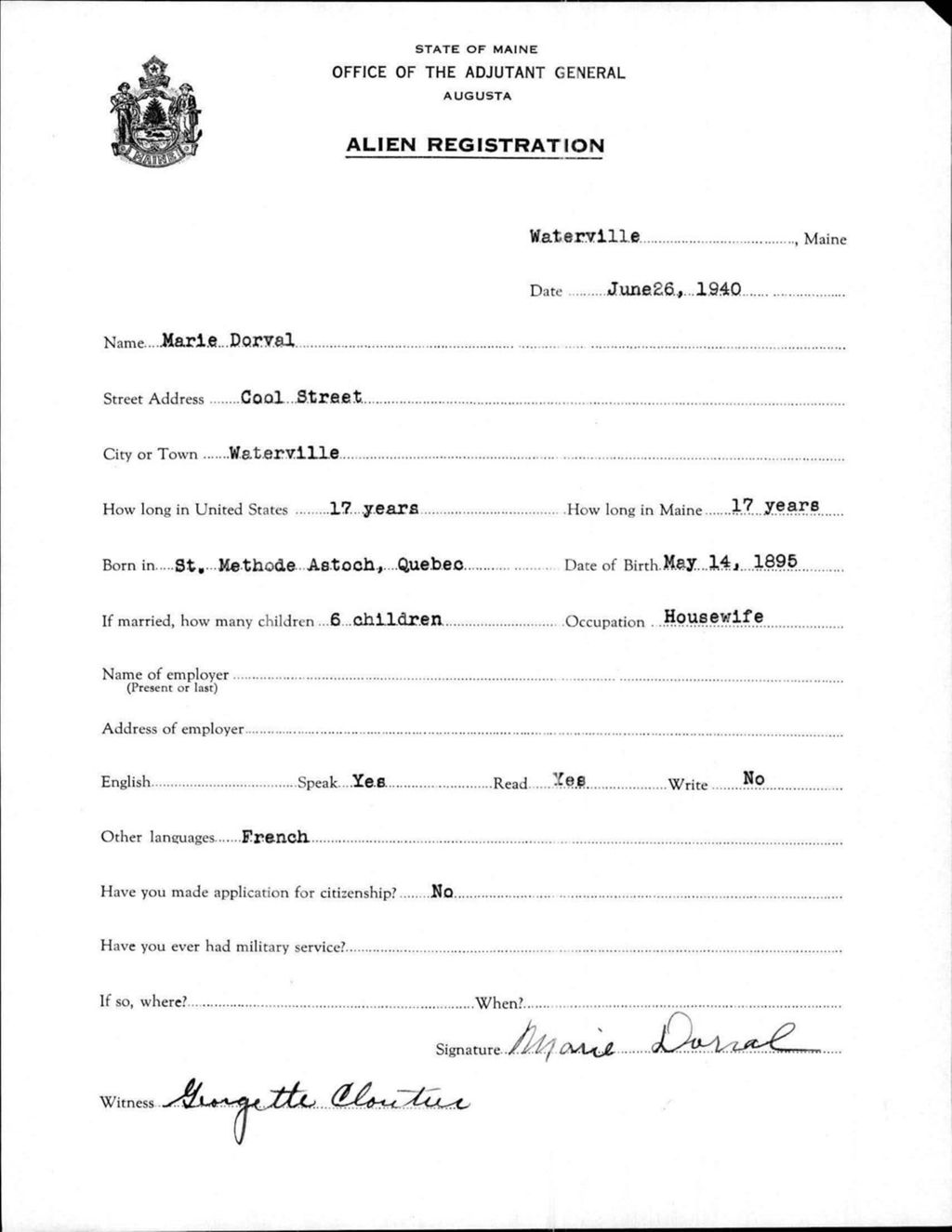 Miniature of Alien Registration- Dorval, Marie (Waterville, Kennebec County)