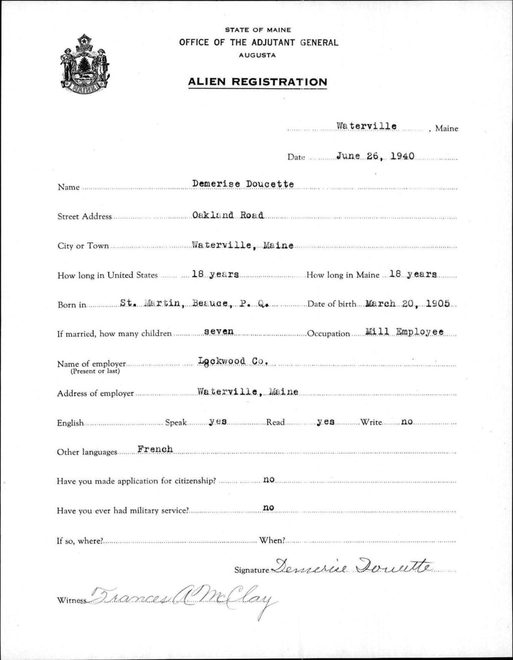 Miniature of Alien Registration- Doucette, Demerise (Waterville, Kennebec County)