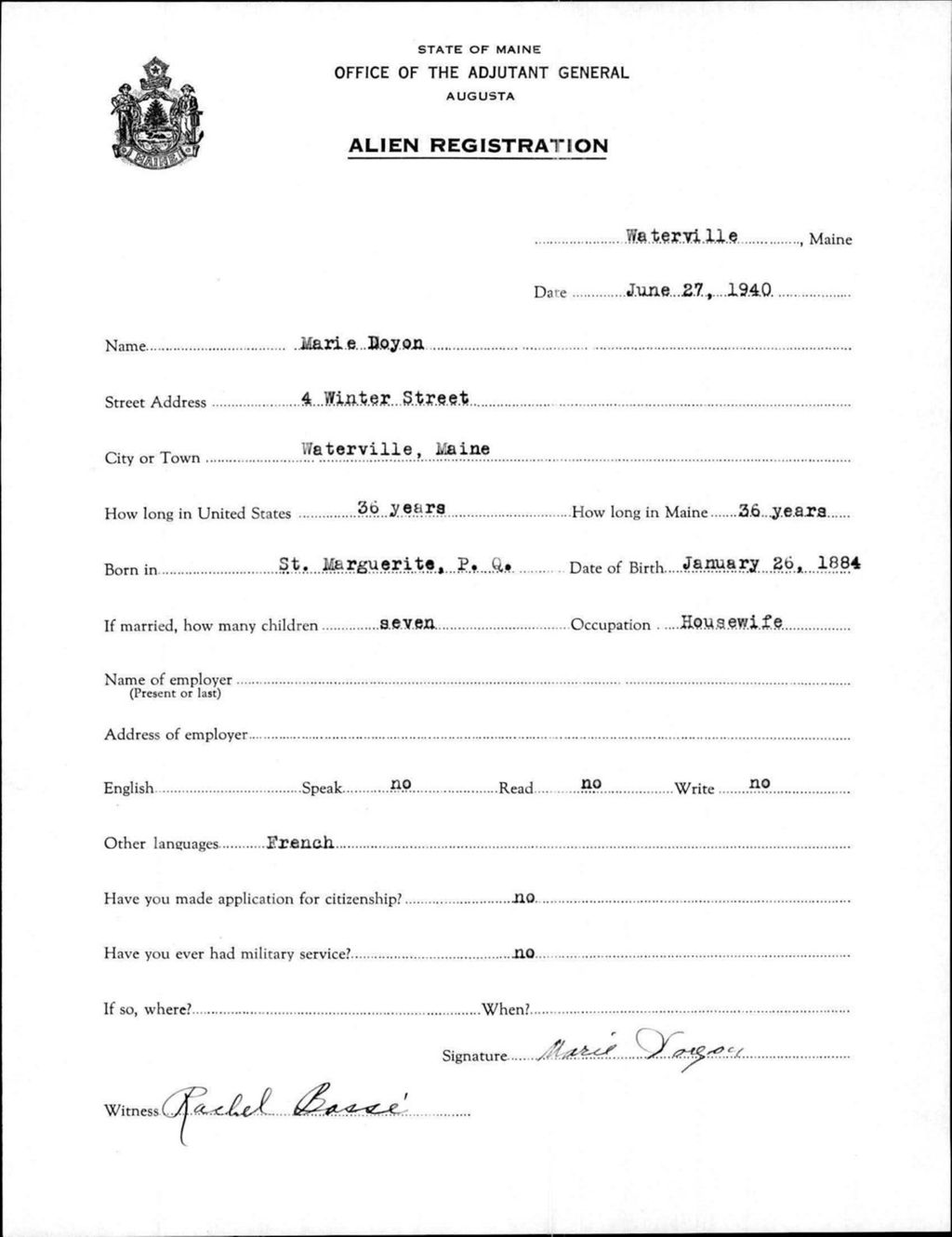 Miniature of Alien Registration- Doyon, Marie (Waterville, Kennebec County)