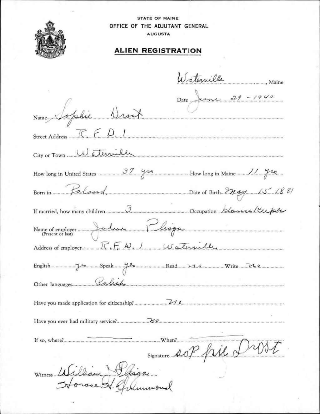 Miniature of Alien Registration- Drost, Sophie (Waterville, Kennebec County)