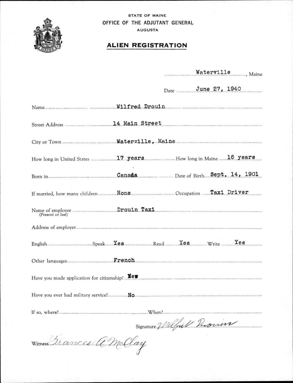 Miniature of Alien Registration- Drouin, Wilfred (Waterville, Kennebec County)