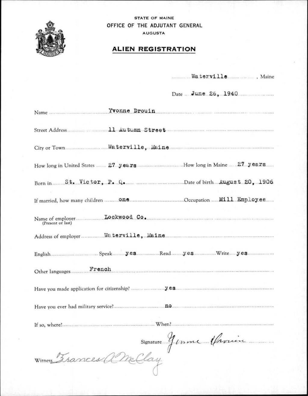 Miniature of Alien Registration- Drouin, Yvonne (Waterville, Kennebec County)