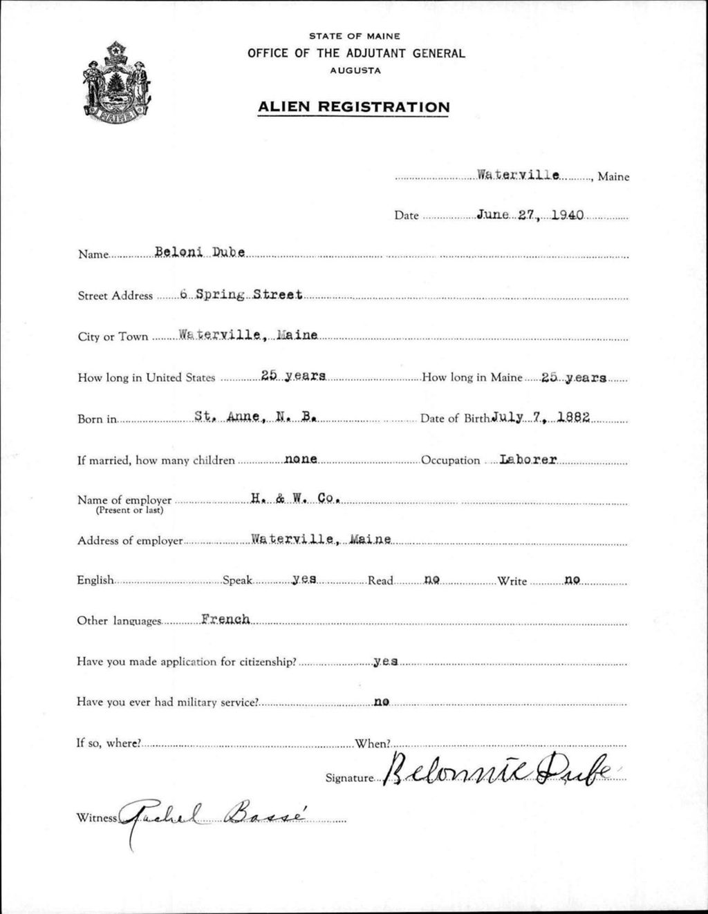Miniature of Alien Registration- Dube, Beloni (Waterville, Kennebec County)