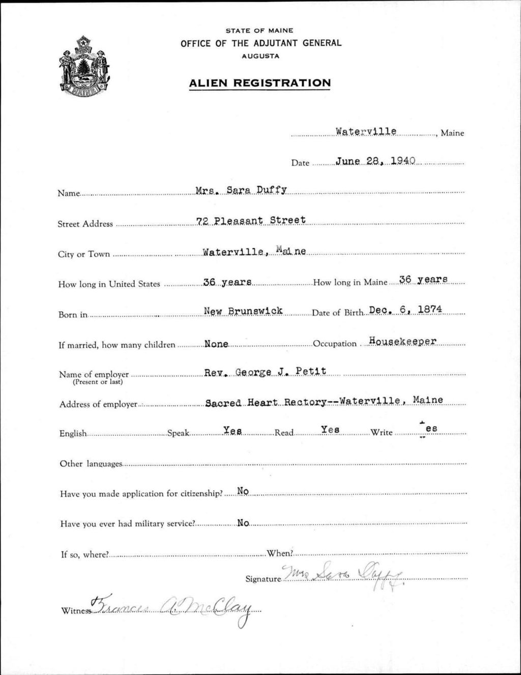 Miniature of Alien Registration- Duffy, Sara (Waterville, Kennebec County)