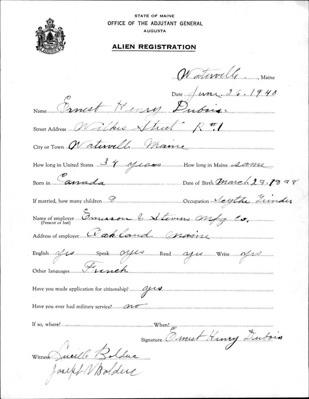 Miniature of Alien Registration- Dubois, Ernest H. (Waterville, Kennebec County)