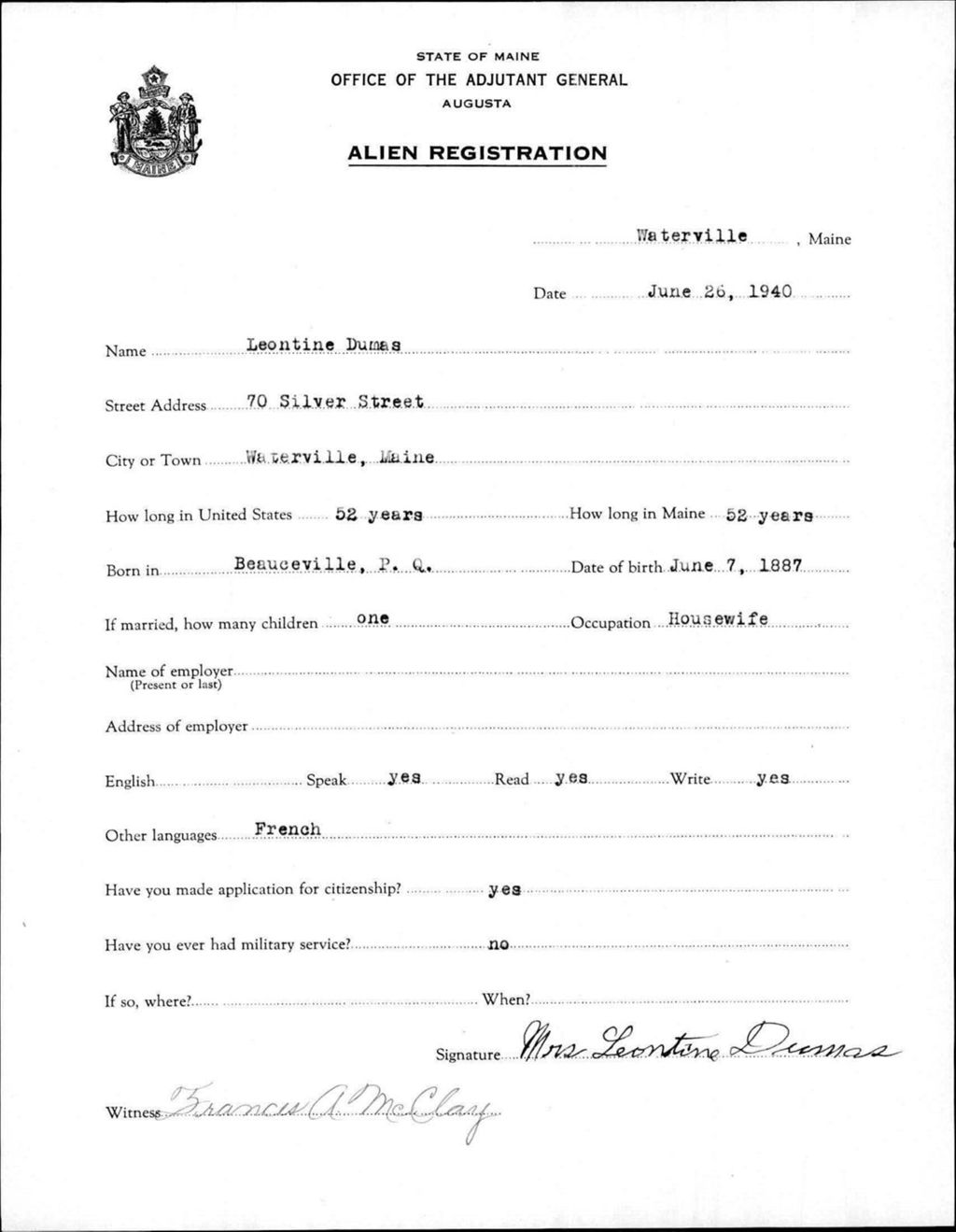 Miniature of Alien Registration- Dumas, Leontine (Waterville, Kennebec County)