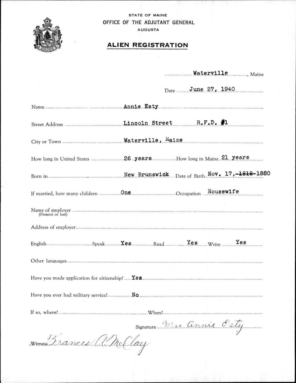 Miniature of Alien Registration- Esty, Annie (Waterville, Kennebec County)
