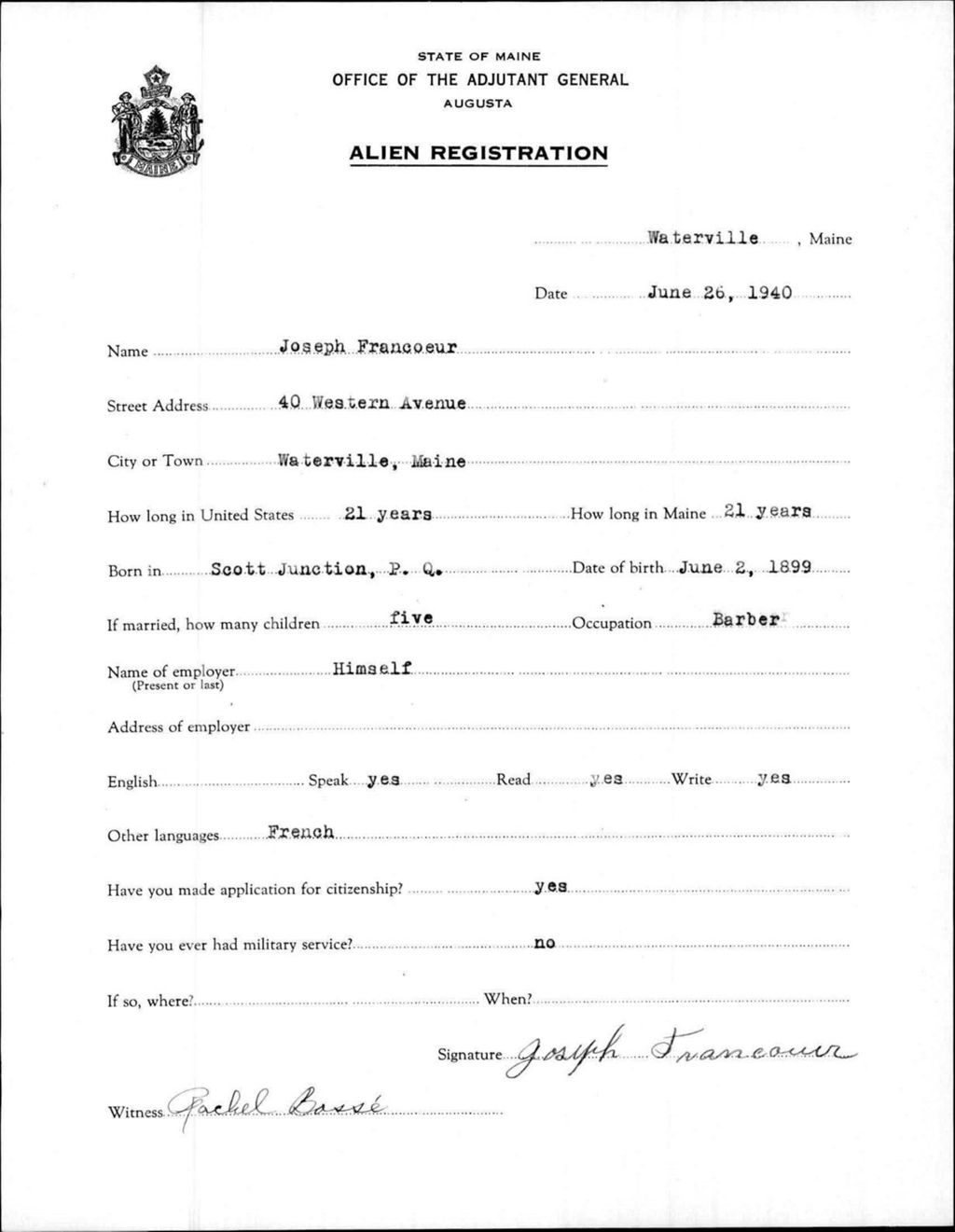 Miniature of Alien Registration- Francoeur, Joseph (Waterville, Kennebec County)