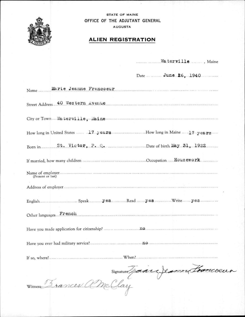Miniature of Alien Registration- Francoeur, Marie J. (Waterville, Kennebec County)