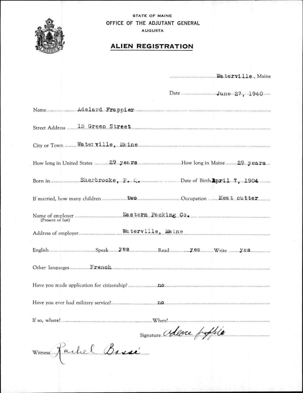 Miniature of Alien Registration- Frappier, Adelard (Waterville, Kennebec County)