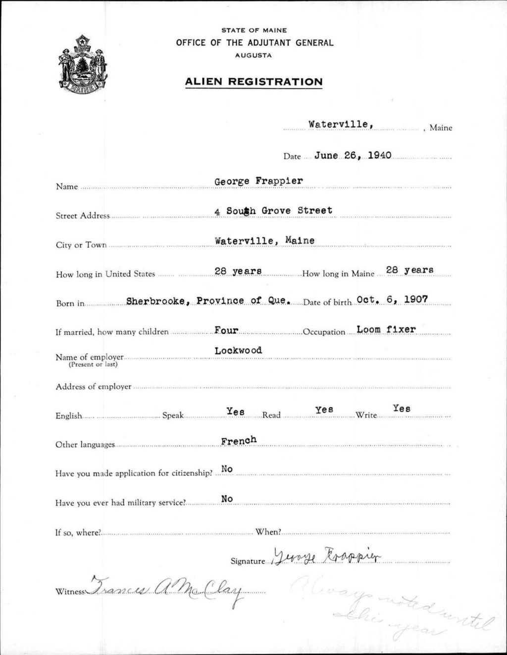 Miniature of Alien Registration- Frappier, George (Waterville, Kennebec County)