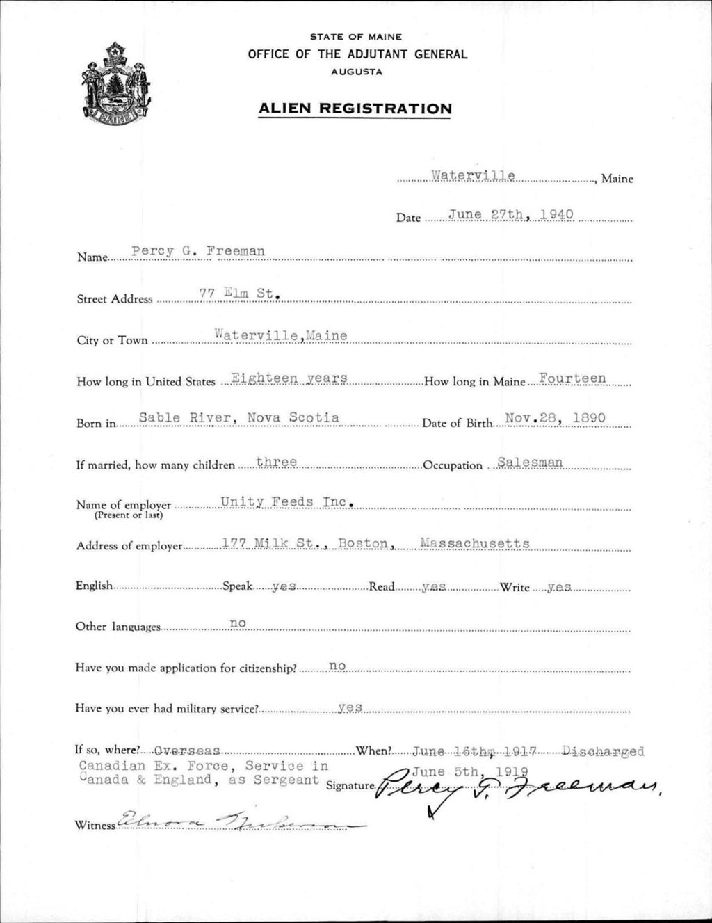 Miniature of Alien Registration- Freeman, Percy G. (Waterville, Kennebec County)