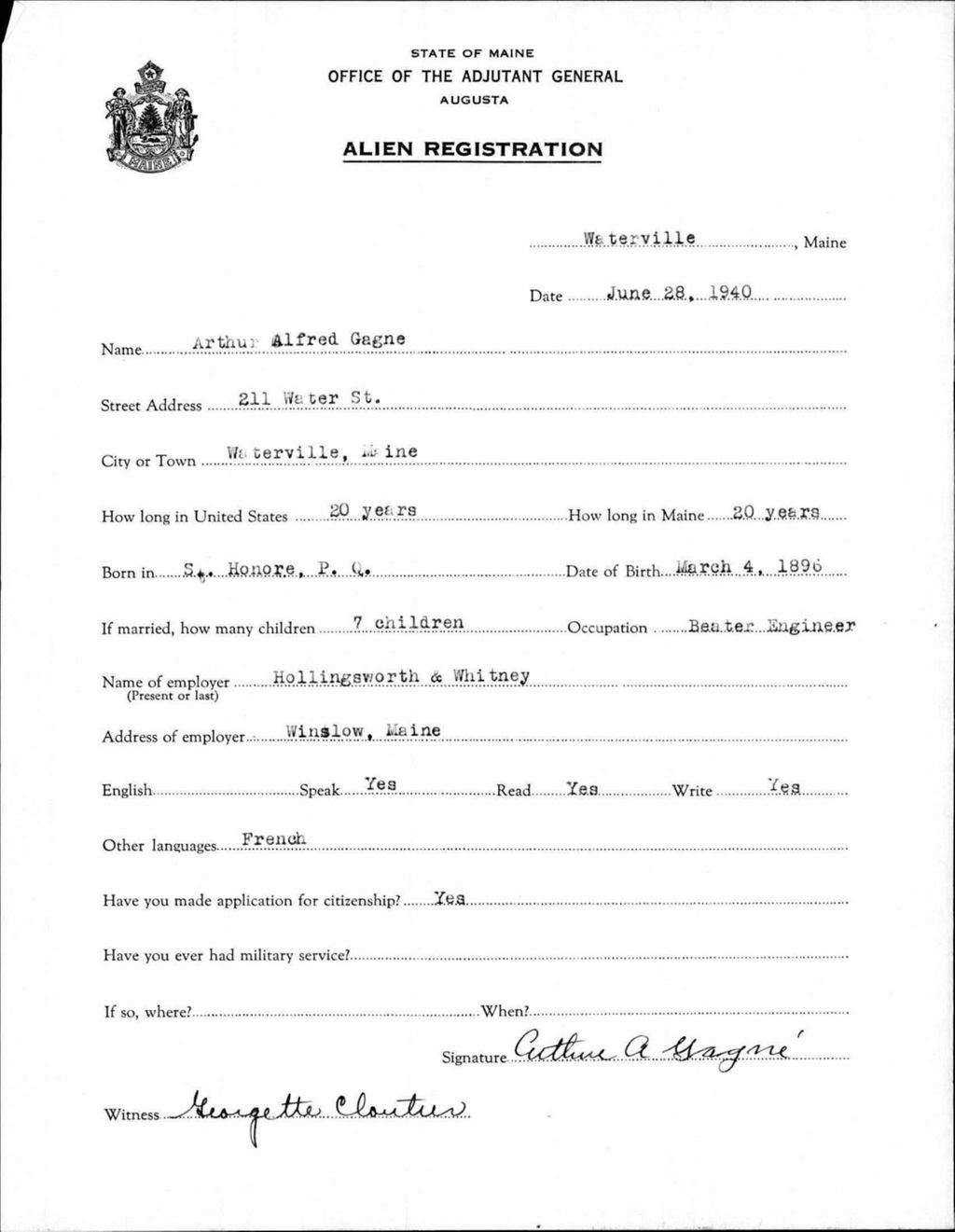 Miniature of Alien Registration- Gagne, Arthur A. (Waterville, Kennebec County)