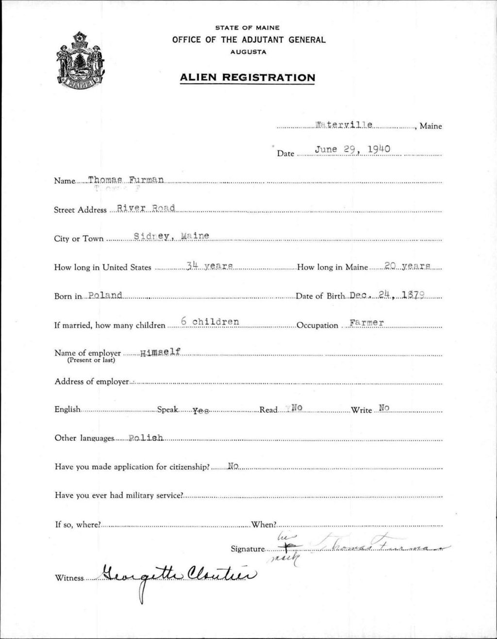 Miniature of Alien Registration- Furman, Thomas (Waterville, Kennebec County)