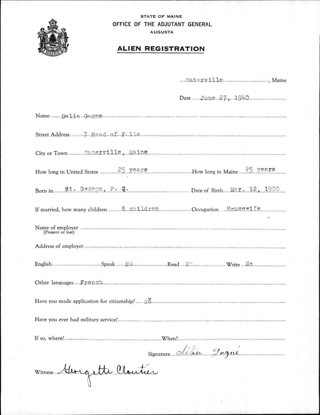 Miniature of Alien Registration- Gagne, Delia (Waterville, Kennebec County)