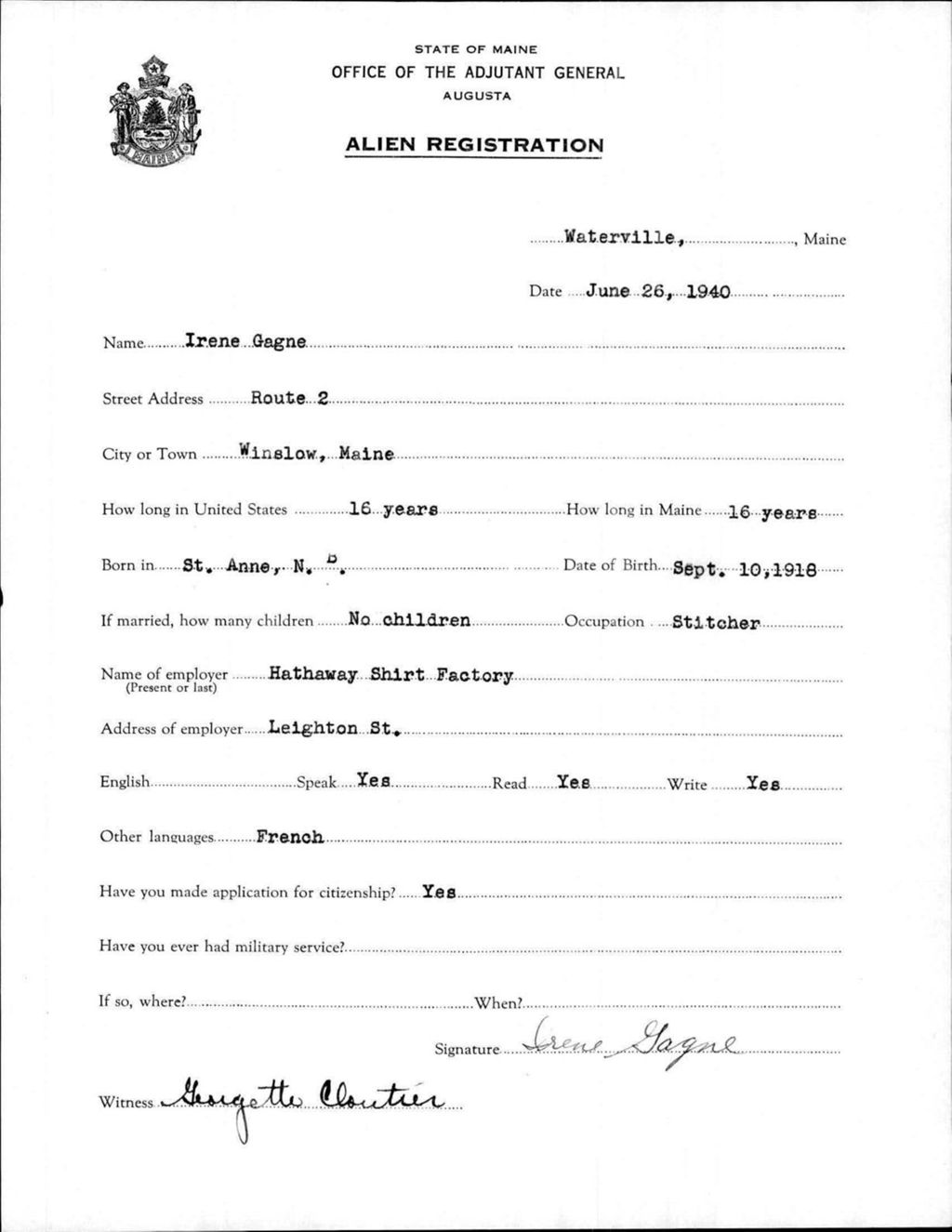 Miniature of Alien Registration- Gagne, Irene (Waterville, Kennebec County)