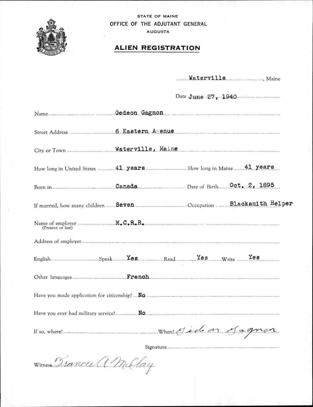 Miniature of Alien Registration- Gagnon, Gedeon (Waterville, Kennebec County)