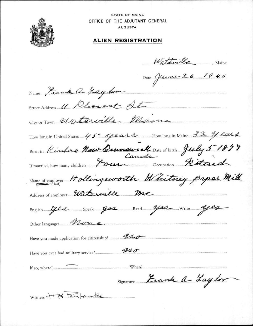 Miniature of Alien Registration- Gaylon, Frank A. (Waterville, Kennebec County)