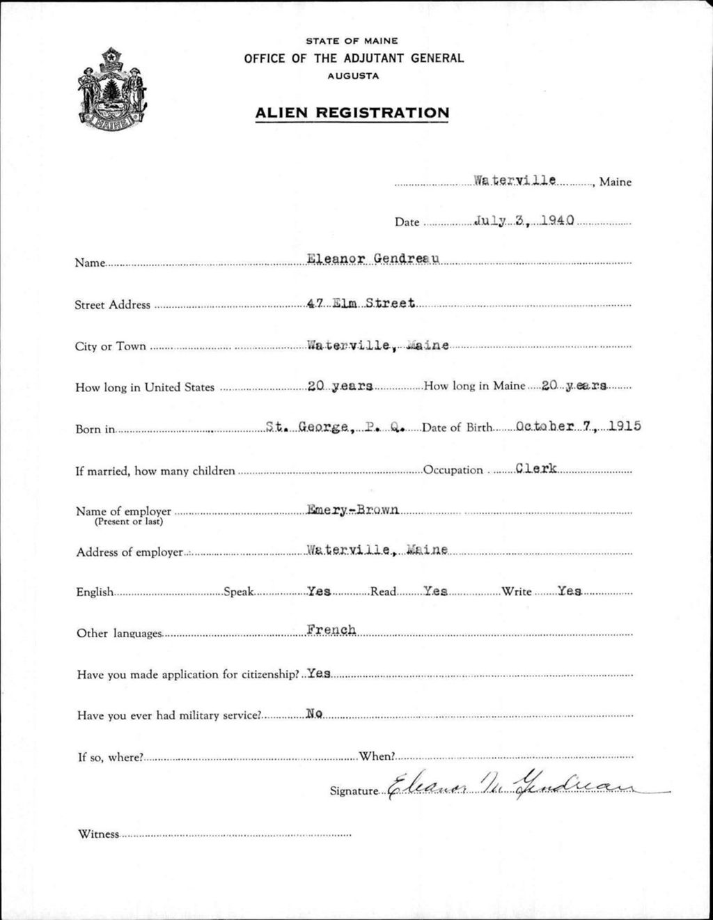 Miniature of Alien Registration- Gendreau, Eleanor (Waterville, Kennebec County)
