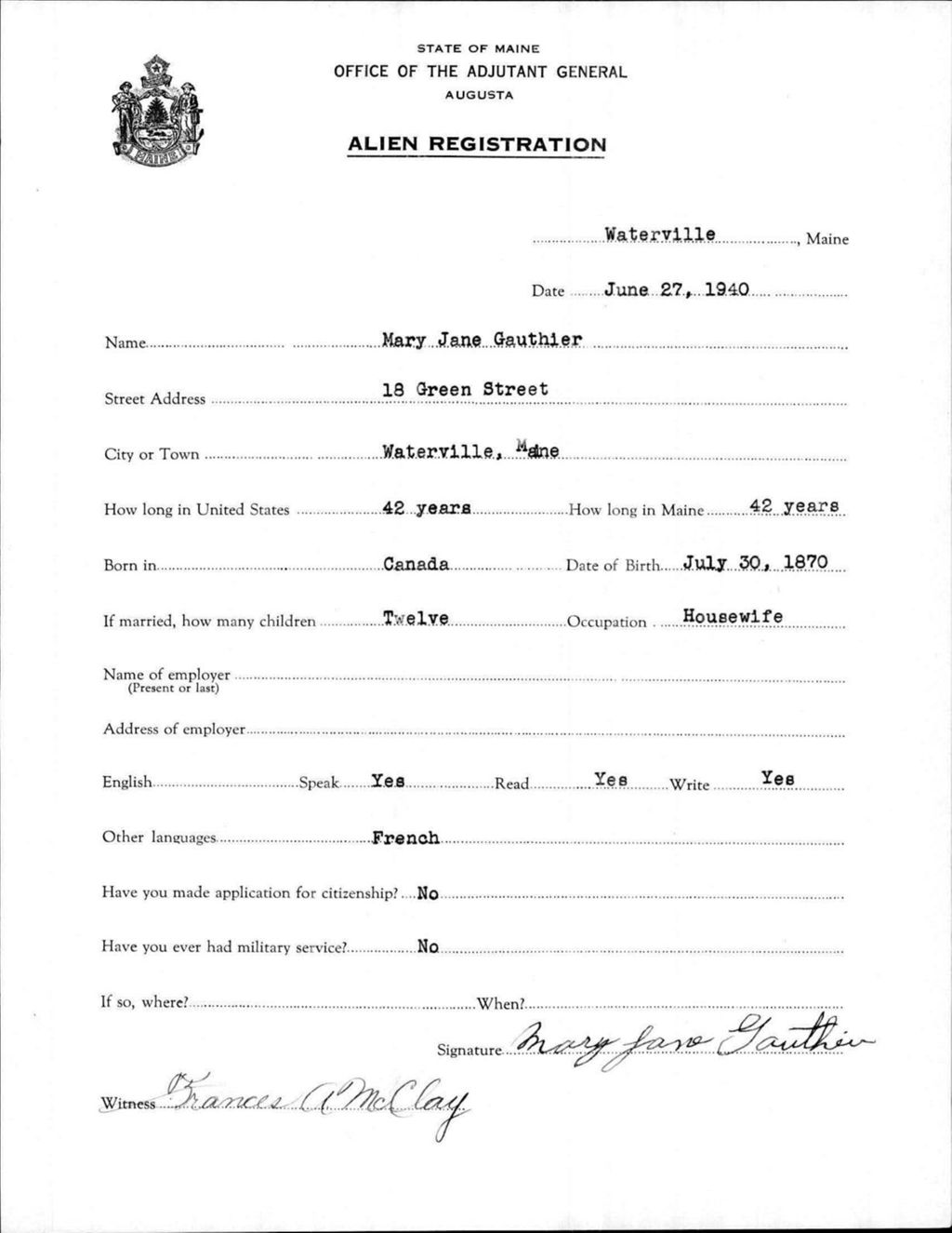 Miniature of Alien Registration- Gauthier, Mary J. (Waterville, Kennebec County)