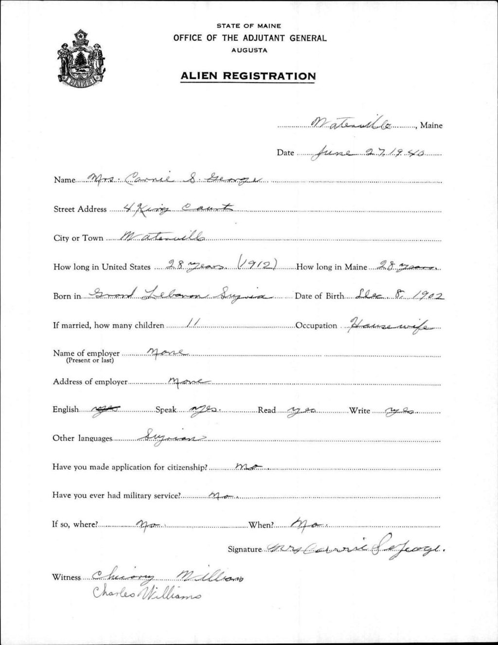 Miniature of Alien Registration- George, Carrie S. (Waterville, Kennebec County)