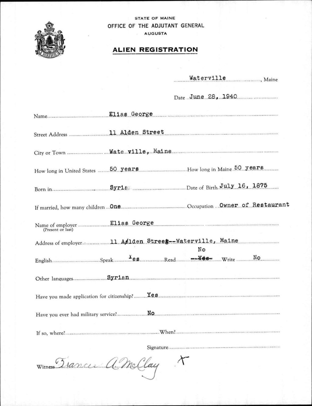 Miniature of Alien Registration- George, Elias (Waterville, Kennebec County)