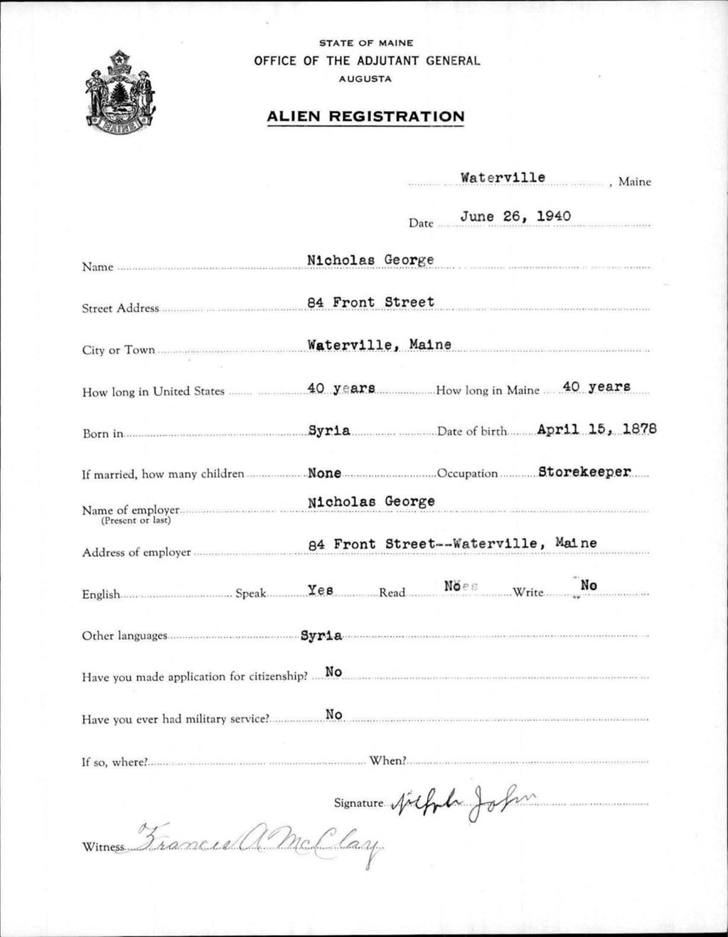 Miniature of Alien Registration- George, Nicholas (Waterville, Kennebec County)