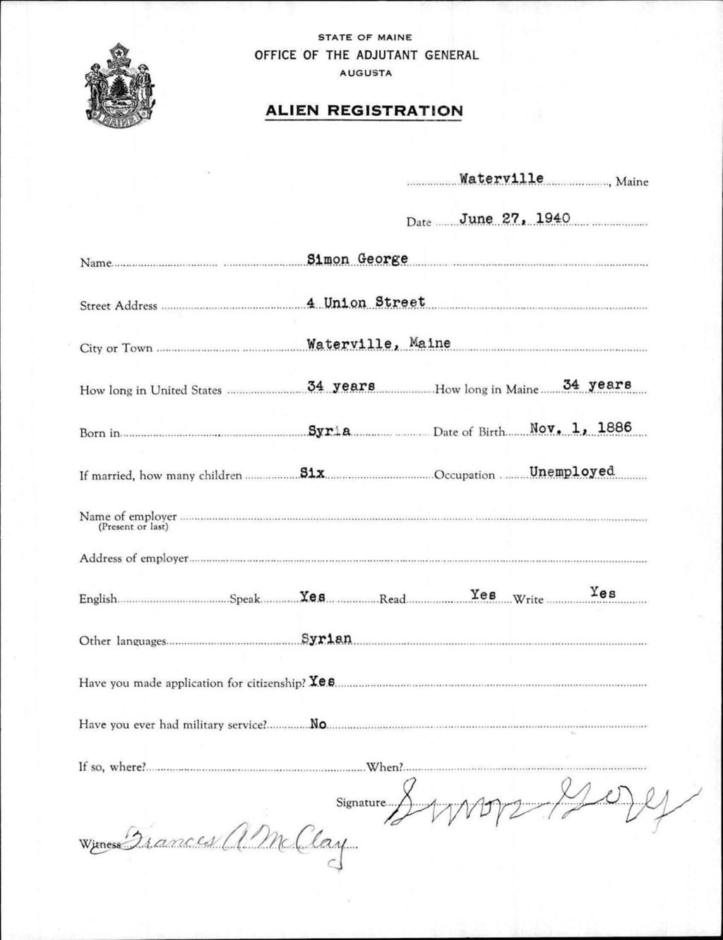 Miniature of Alien Registration- George, Simon (Waterville, Kennebec County)