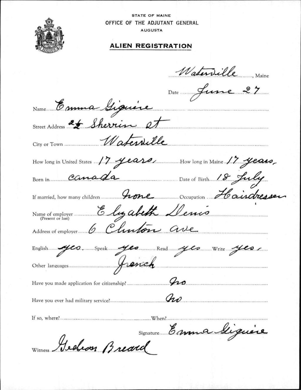 Miniature of Alien Registration- Giguere, Emma (Waterville, Kennebec County)