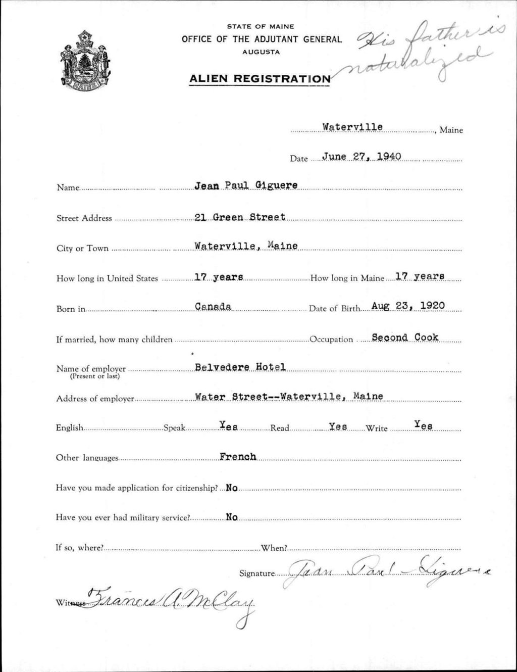 Miniature of Alien Registration- Giguere, Jean P. (Waterville, Kennebec County)